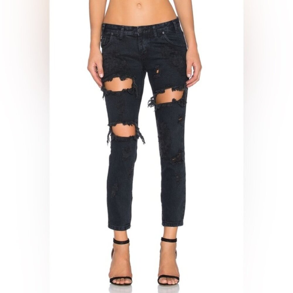 Free People OTS Straight leg Jeans Black Distressed 2016 festival whimsigoth